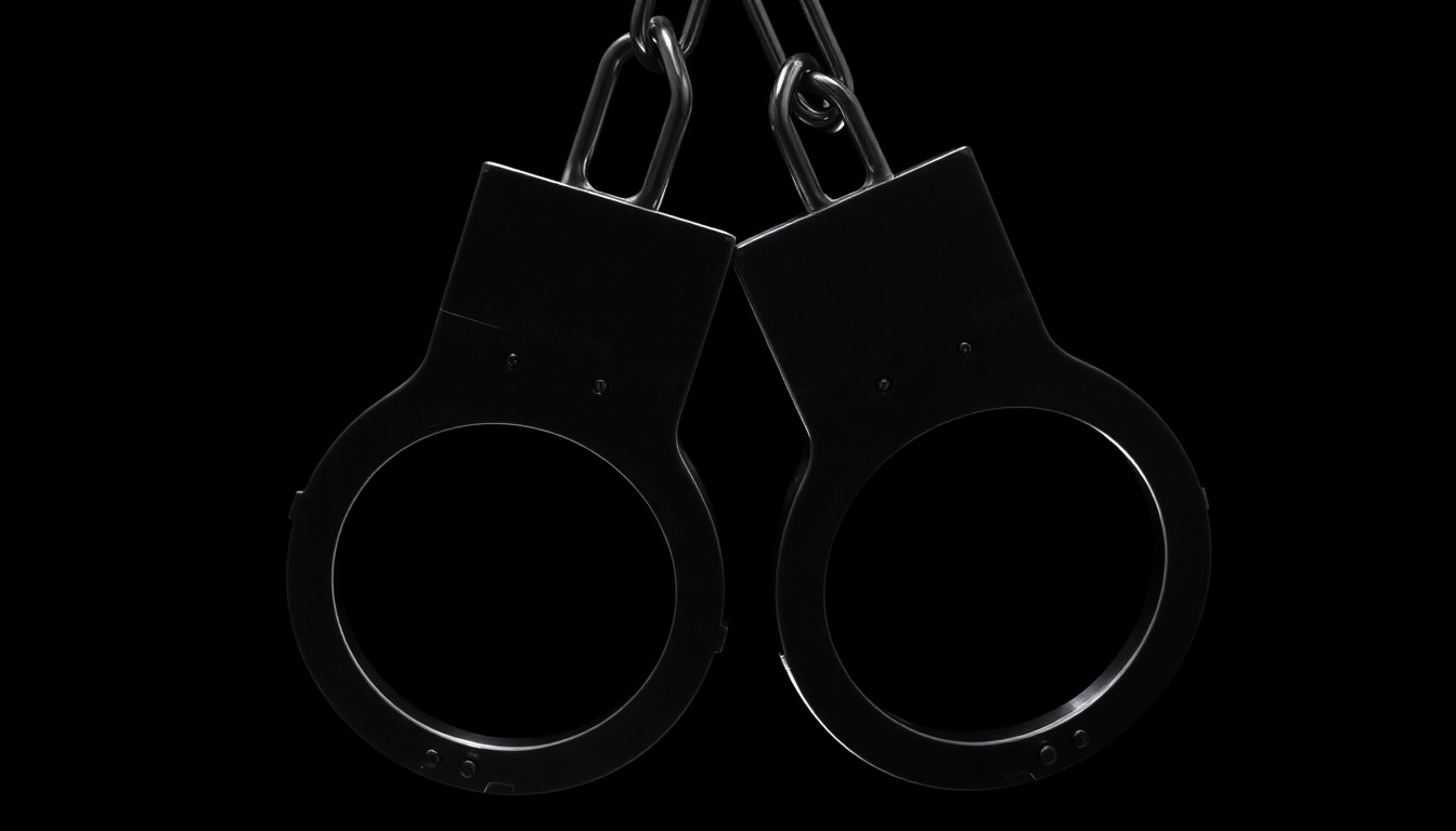 An extreme close-up photograph of a pair of handcuffs against a pitch-black background, capturing the stark, investigative nature of a recent arrest for a crime.