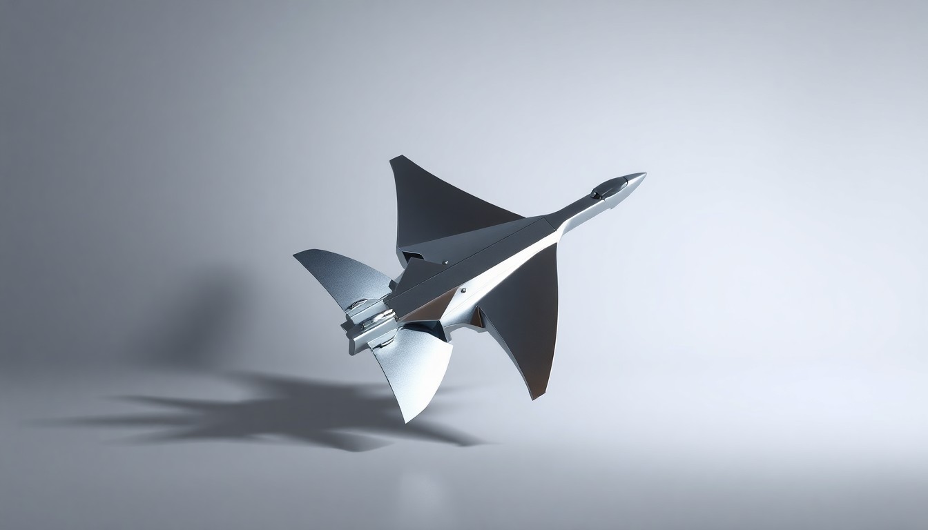 A highly polished, geometric metal sculpture in the shape of an abstract aircraft or satellite, floating on a clean, monochromatic background and dramatically lit to showcase the precision and innovation of the aerospace and defense industry.