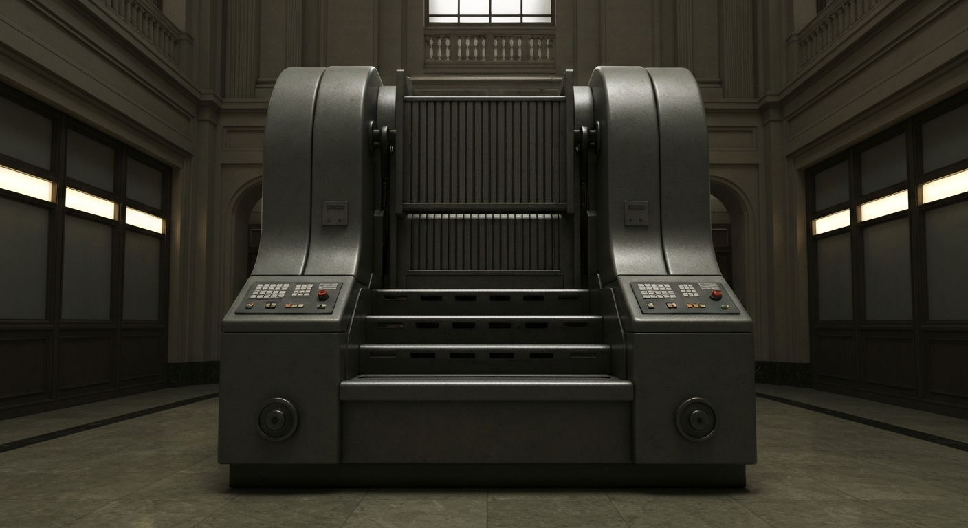 An extreme close-up of industrial banking equipment and machinery, conveying a sense of financial security and institutional power without using any literal currency or financial symbols.