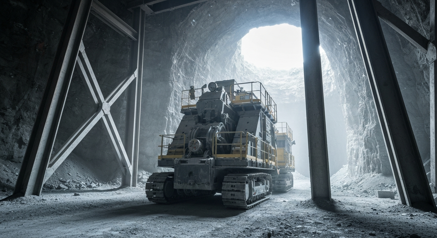 An extreme close-up of rugged, industrial mining equipment and machinery, conveying the tangible, physical nature of the financial investment in the mining company.