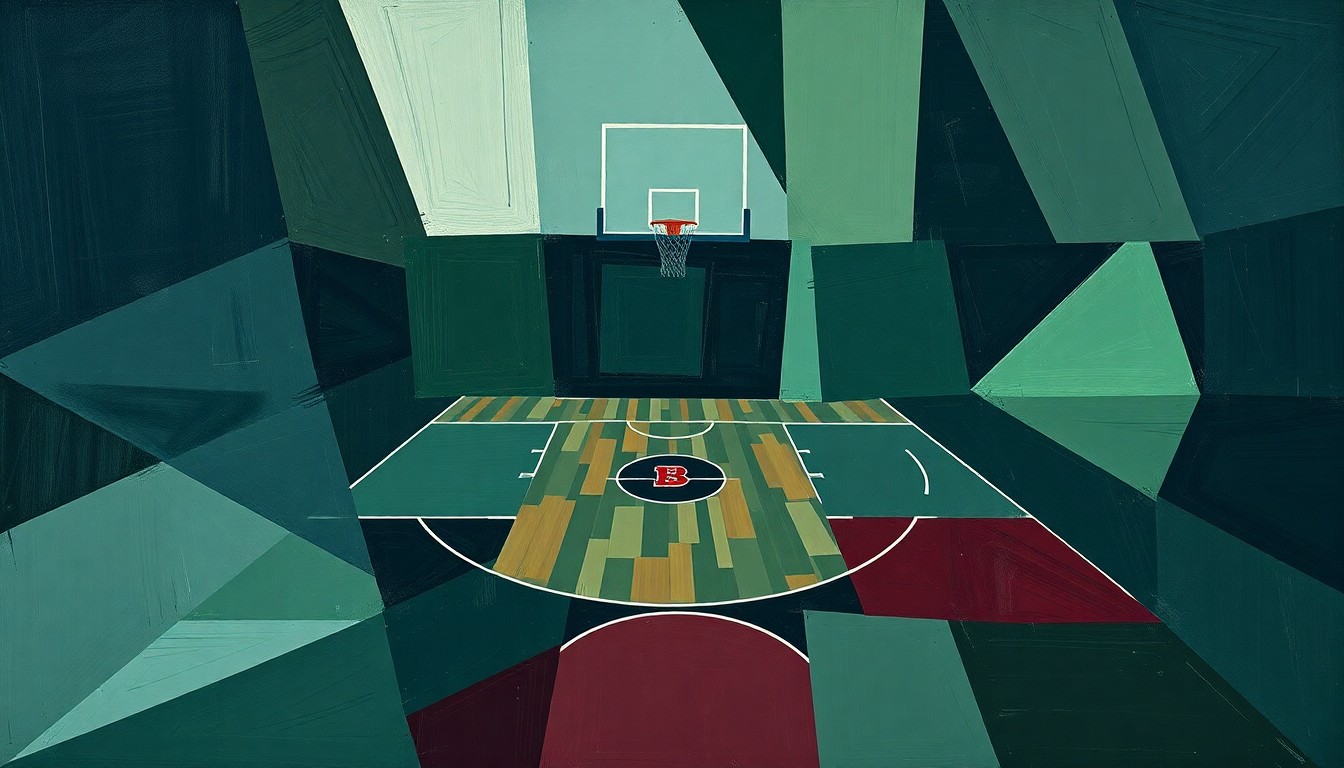 A cubist, geometric painting depicting a fragmented basketball court or game, with sharp planes of navy, forest green, and burgundy colors overlapping to create a conceptual, deconstructed visual representation of the complexities facing NBA expansion.