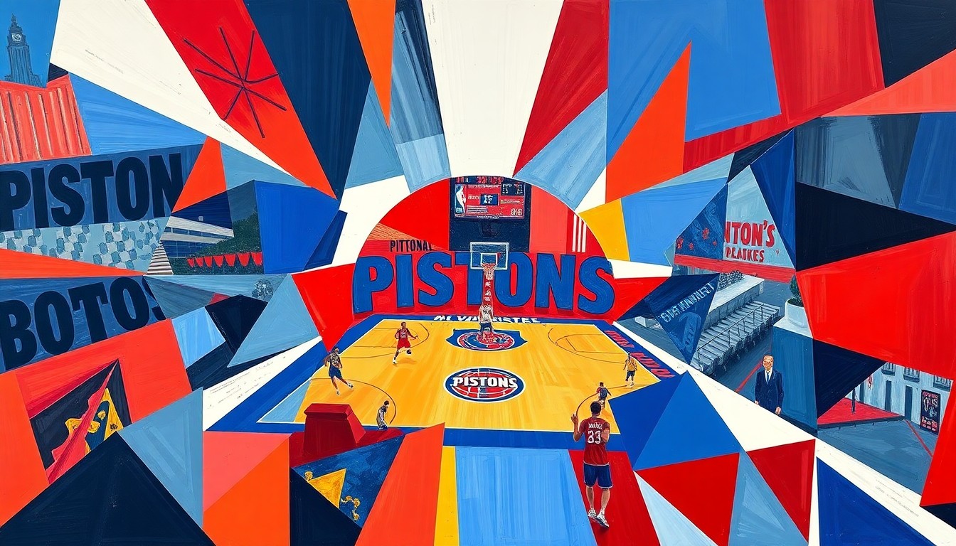 A cubist, geometric painting depicting a Pistons basketball game, with sharp, overlapping planes of blue, red, and white representing the team's identity and energy.