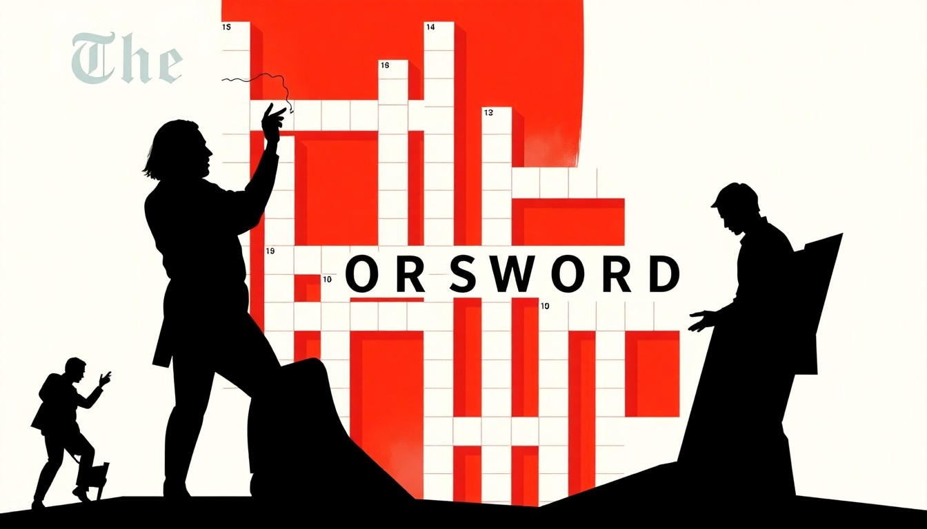 A bold, abstract composition of jagged, geometric shapes in high-contrast black, red, and white, conceptually representing the cerebral challenge of the LA Times Crossword puzzle.