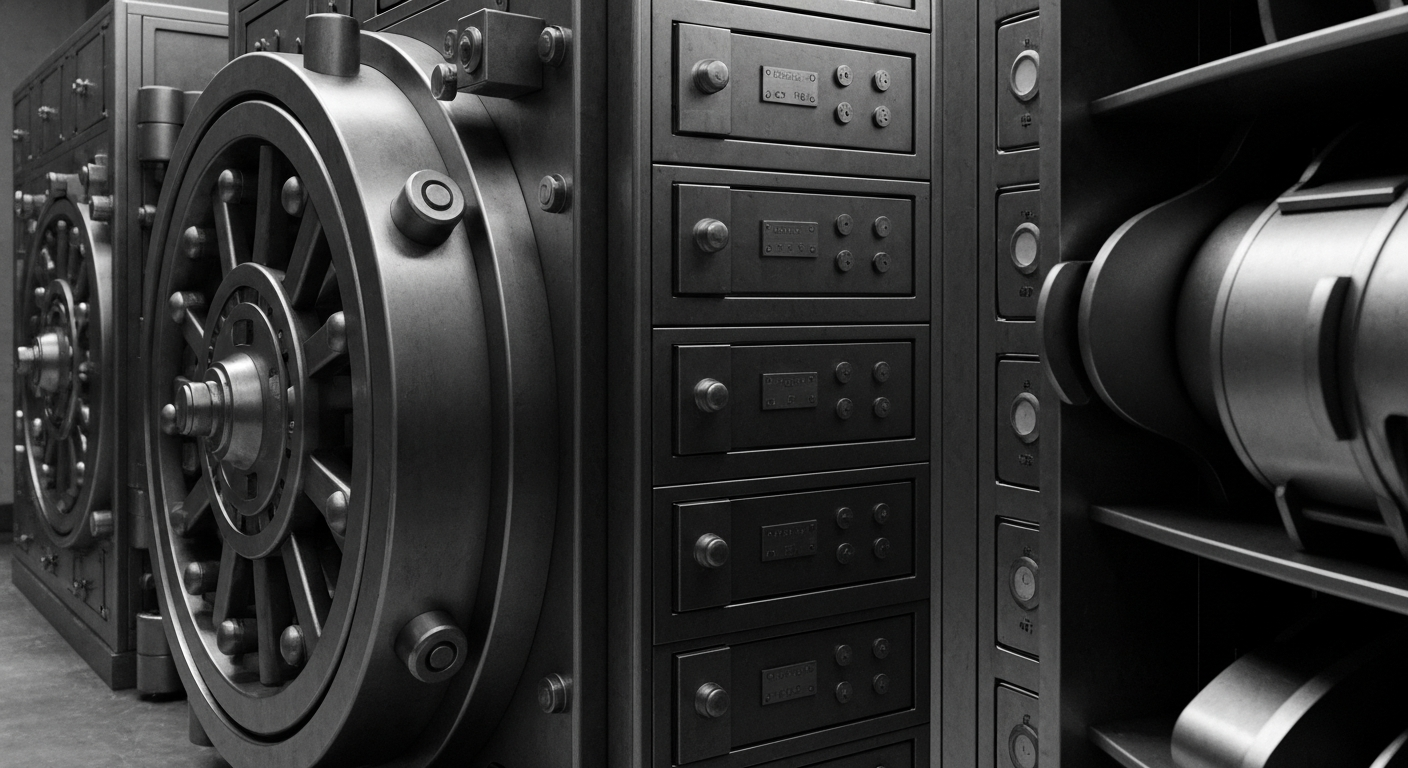 A high-contrast, black-and-white close-up image of heavy banking machinery and equipment, conveying the tangible, industrial nature of financial institutions.