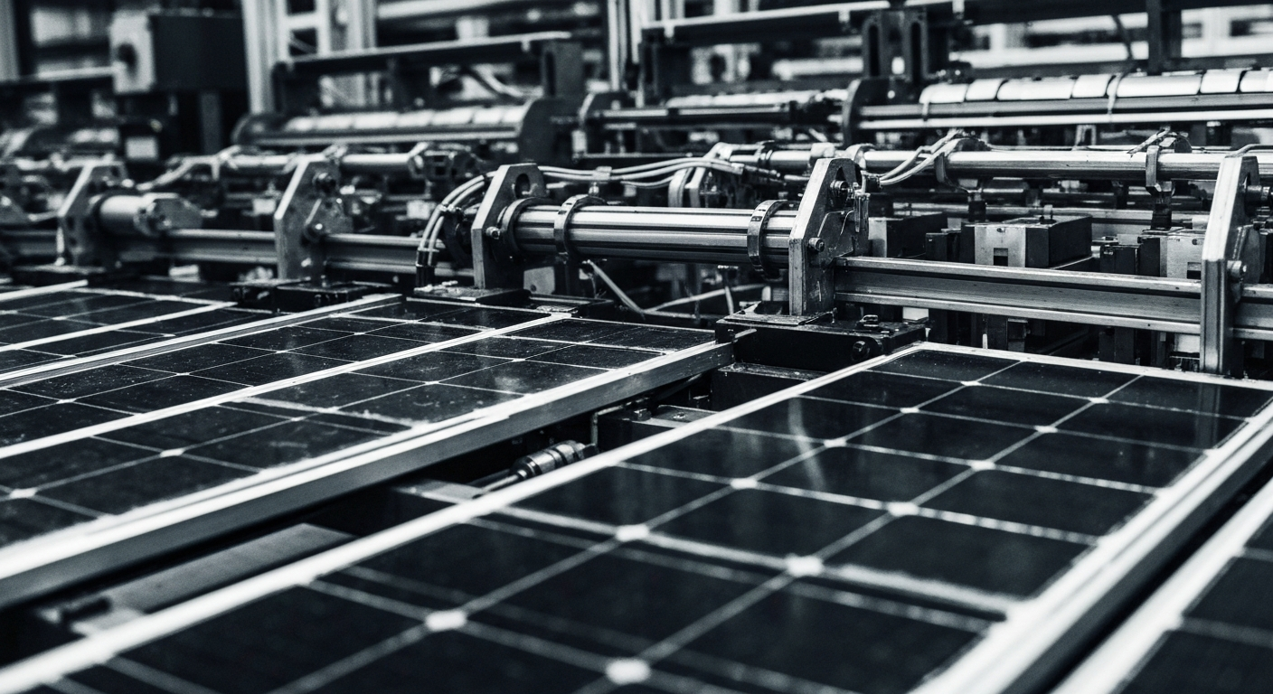 An extreme close-up of the complex machinery and components inside a solar panel manufacturing facility, rendered in a high-contrast, industrial style that emphasizes the technical complexity and precision of solar panel production.