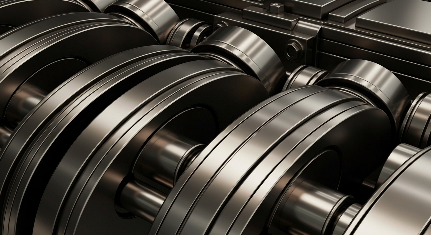 An extreme close-up of intricate, heavy industrial machinery and components in muted metallic tones, conveying the secure, institutional power of the financial industry as a conceptual representation of Robeco's investment in Sun Communities.