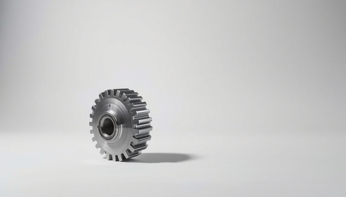 A photorealistic studio still-life image of a polished metal gear or aerospace component, arranged elegantly on a clean, monochromatic background and illuminated with dramatic studio lighting to convey a sense of technical precision and engineering excellence.