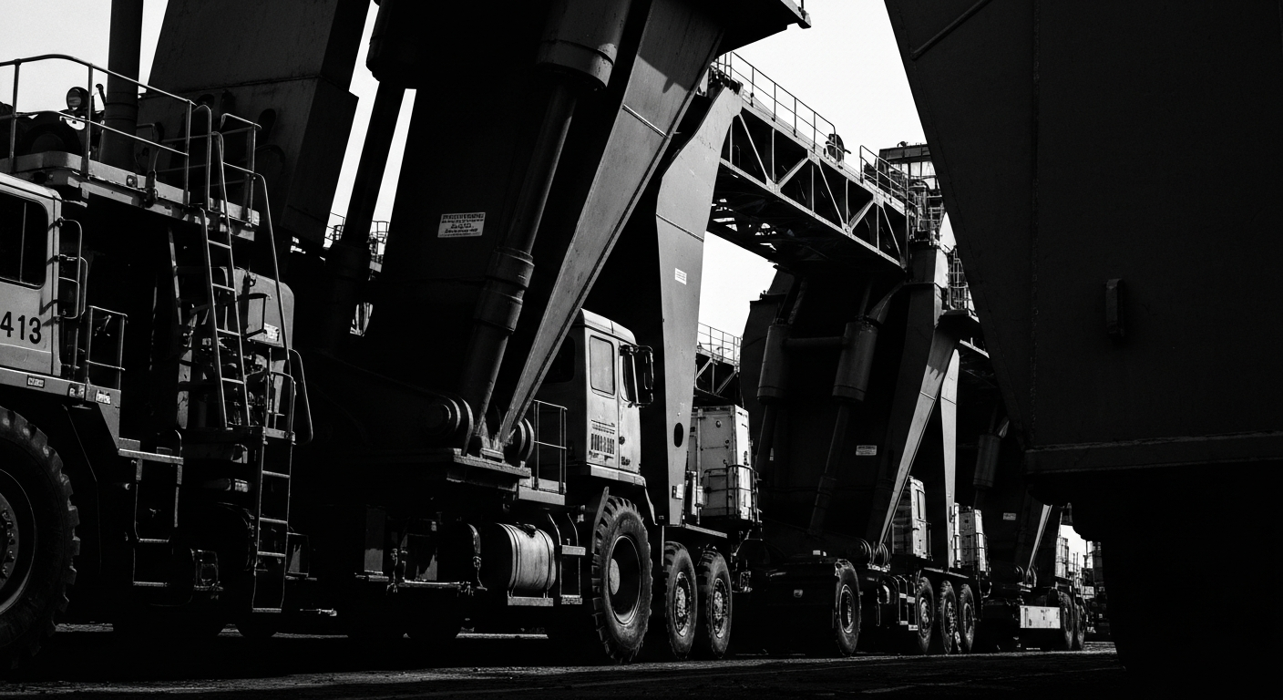 A high-contrast black and white close-up image of large industrial gears, pulleys, and other heavy equipment, conveying the physical scale and mechanical power of the transportation and logistics industry.