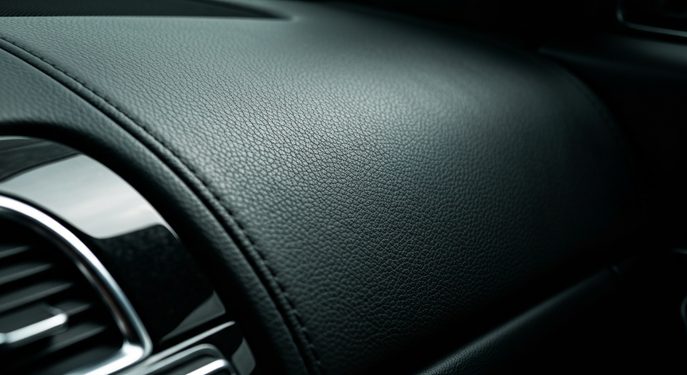 An extreme close-up photograph of the pebbled leather texture of a luxury car dashboard, captured in high contrast and dramatic lighting to convey the material quality and craftsmanship of automotive design.