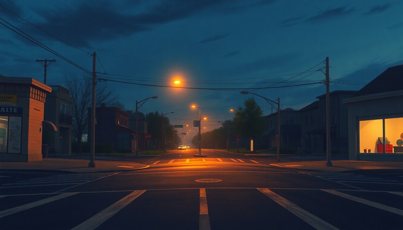 A serene, nostalgic painting of a deserted city street at dusk, with a single streetlight casting warm, angled shadows across the pavement, conceptually representing the local political issues discussed at the candidate forum.