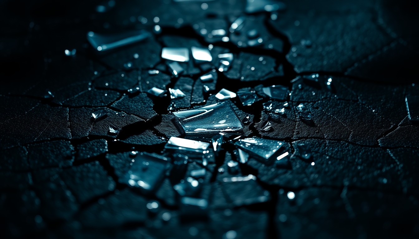 An extreme close-up of shattered glass and cracked leather textures in high-contrast studio lighting, conceptually representing the harrowing psychological drama of the Nuremberg trials.