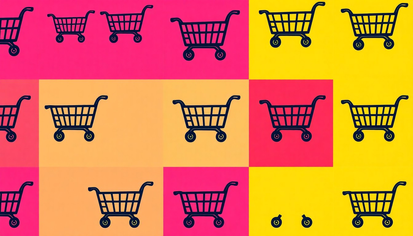 A brightly colored, high-contrast silkscreen print of a grocery cart icon repeated in a tight grid pattern, conceptually representing the new grocery store and housing development coming to Hillsboro's downtown.