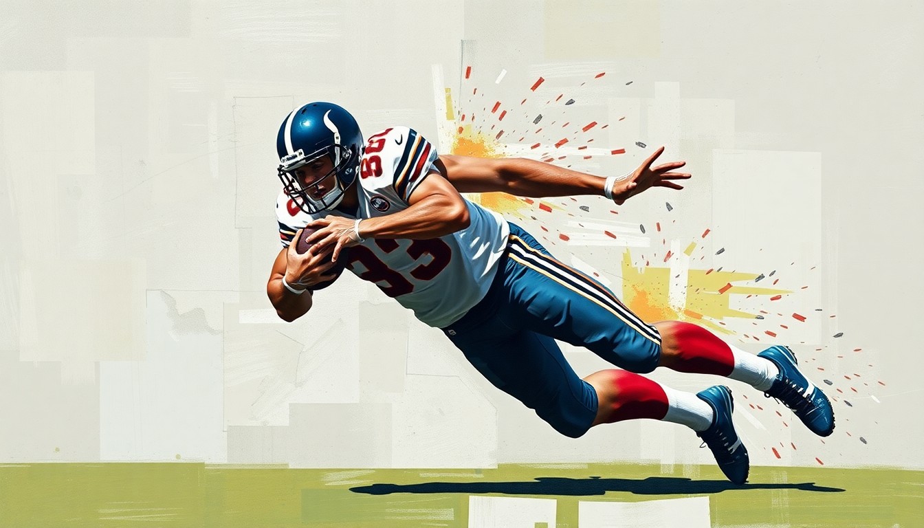 A fragmented, geometric painting depicting the powerful movements of a defensive tackle making a tackle, conveying the conceptual tension and uncertainty surrounding Dexter Lawrence's future.