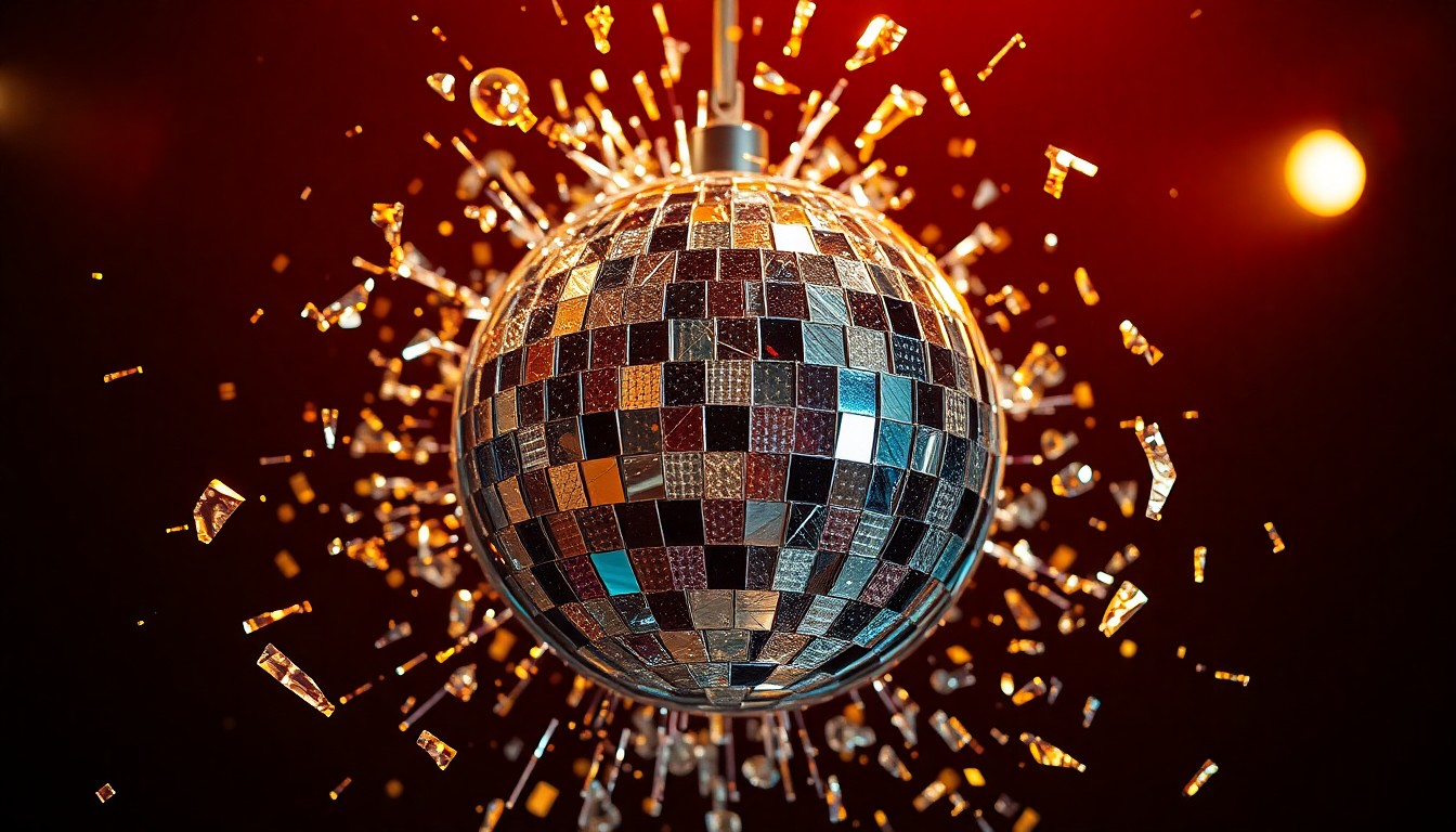 An abstract close-up image of shattered, glittering glass fragments in dramatic high-contrast lighting, conceptually representing the dynamic and ever-evolving rock music industry.