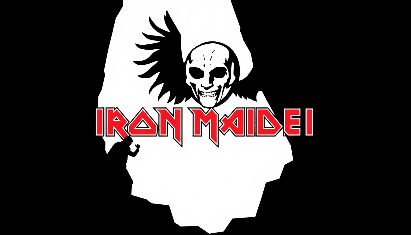 A striking abstract composition of jagged, geometric black shapes and bold red accents, conceptually representing the iconic imagery and dark, powerful aesthetic of the heavy metal band Iron Maiden.