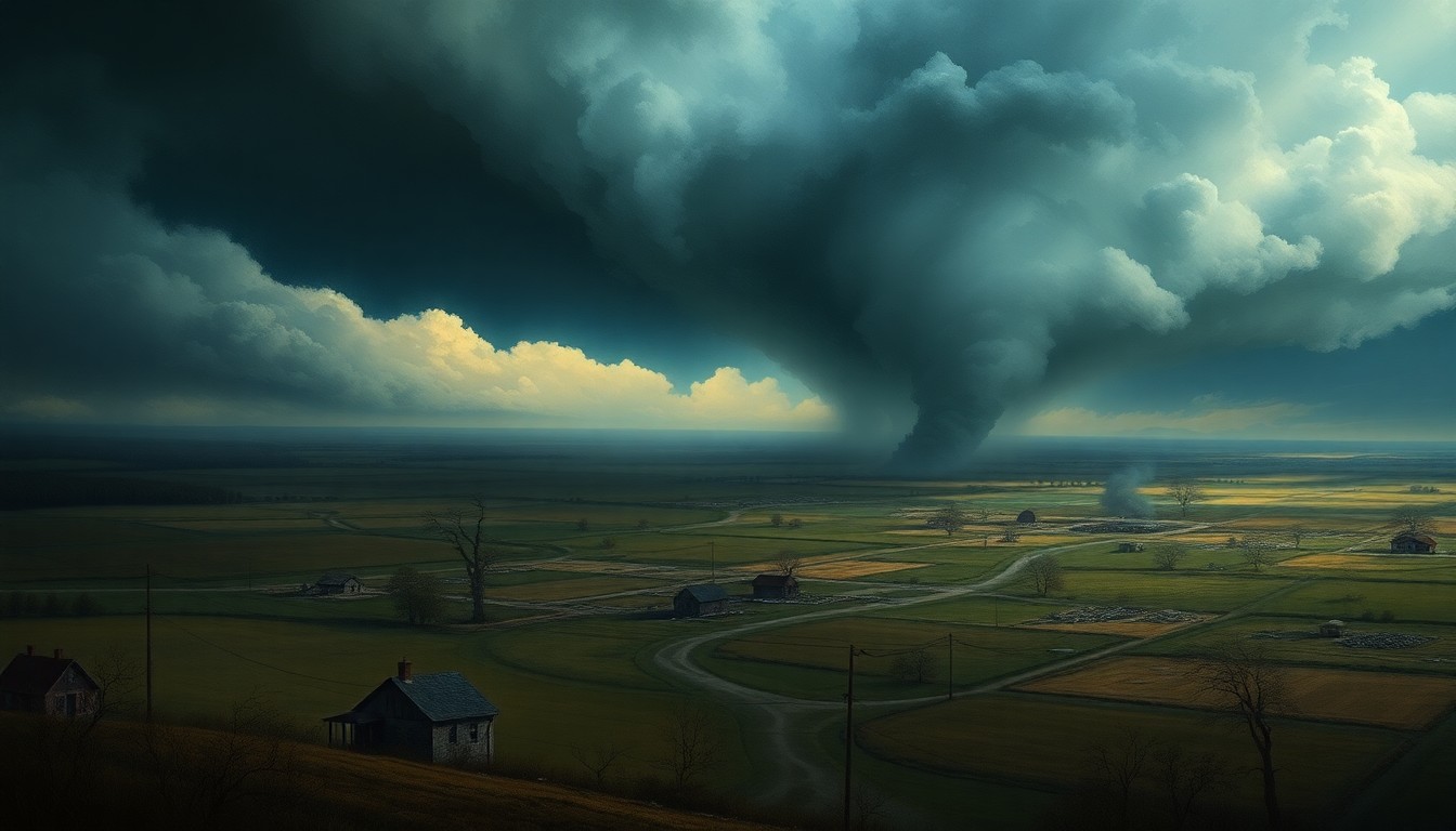 A dramatic landscape painting in the style of Caspar David Friedrich, depicting a vast, sweeping tornado tearing through a rural Midwestern scene, with buildings and trees dwarfed by the overwhelming scale of the natural disaster.