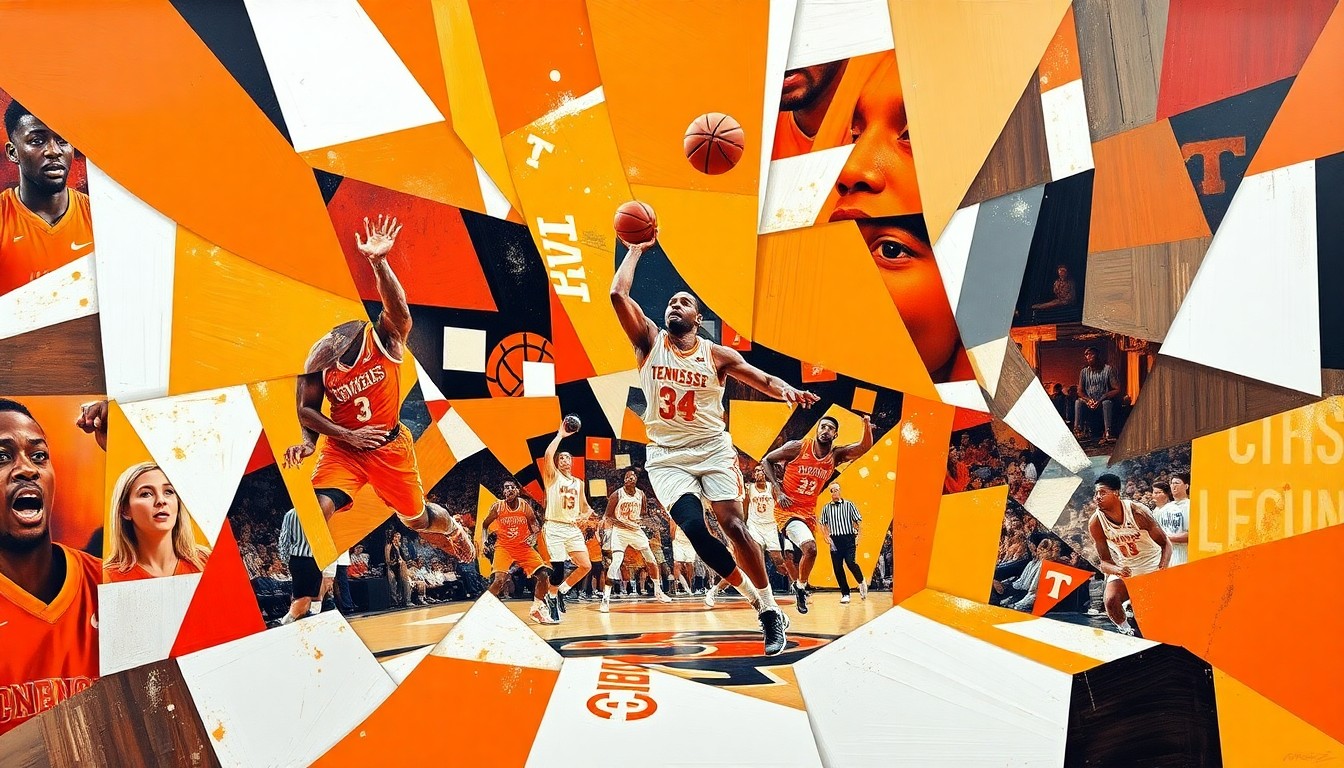 A fractured, cubist-style painting depicting the action of a college basketball game, with the players and court broken down into sharp, overlapping geometric shapes in vibrant colors representing the Tennessee Volunteers and the new schools the transferring players are joining.