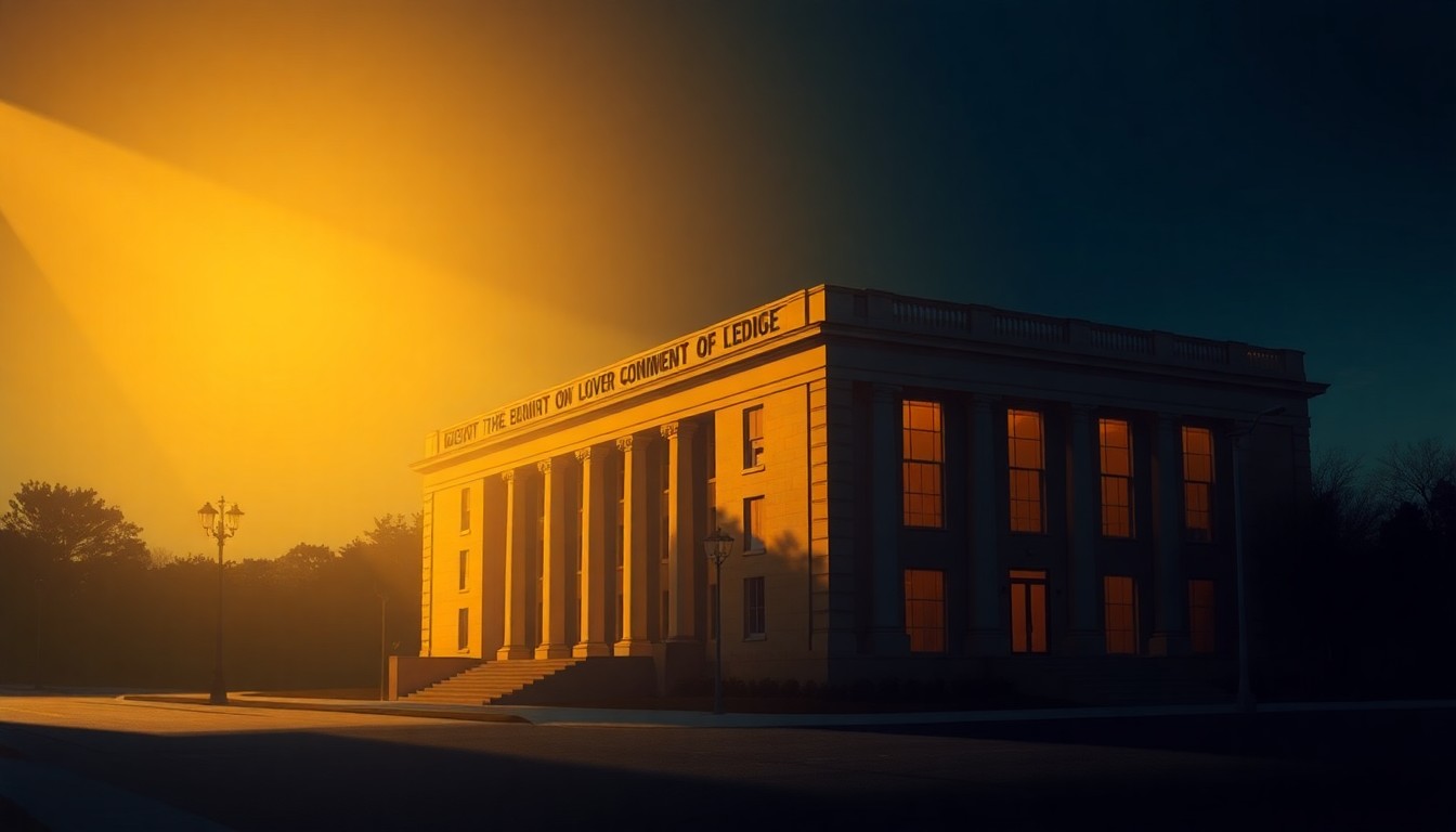 A serene, photorealistic painting of a government building in warm, golden light, with deep shadows creating a sense of solitude and contemplation, conveying the somber mood of a political crisis.