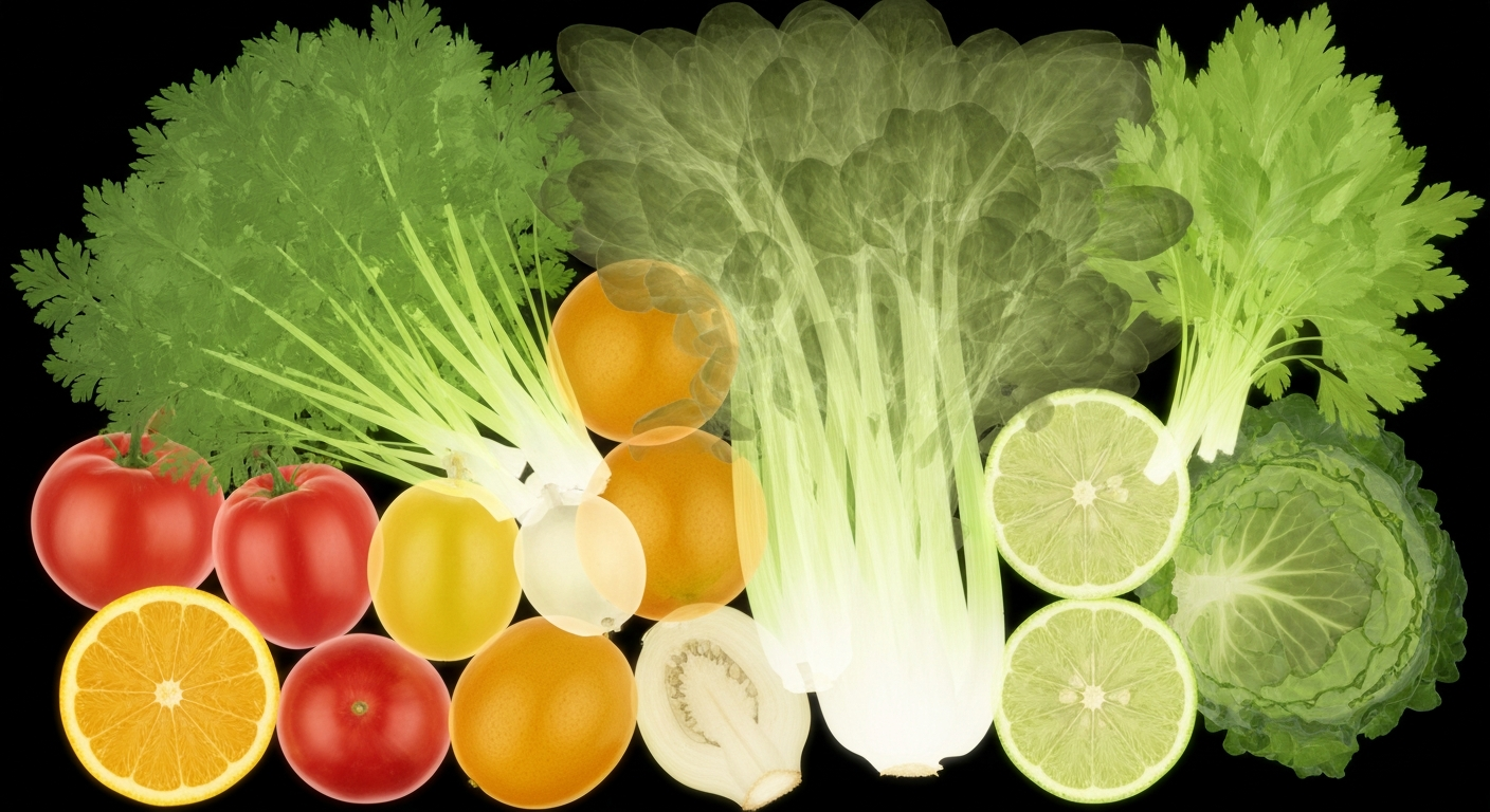 A ghostly, translucent X-ray photograph revealing the internal structures of a vibrant, organic produce display, capturing the natural energy and vitality of the food.