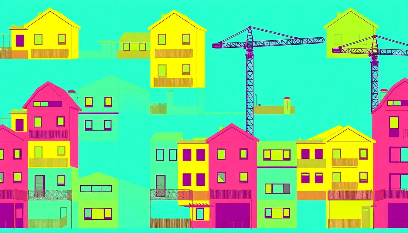 A brightly colored, high-contrast silkscreen print of a repeated housing development object, such as a 'For Sale' sign, in a grid pattern using vibrant neon colors and heavy black outlines, capturing the legal disputes over new construction in Santa Cruz.