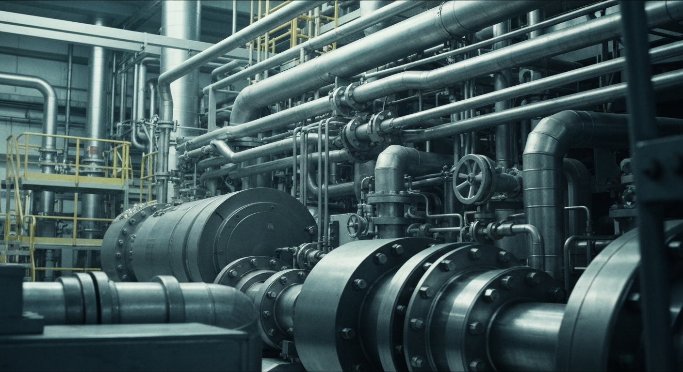 An extreme close-up of the intricate, heavy machinery and components that make up the industrial infrastructure of a major pharmaceutical manufacturer, conveying a sense of scale, complexity, and institutional strength without any text or identifiable branding.