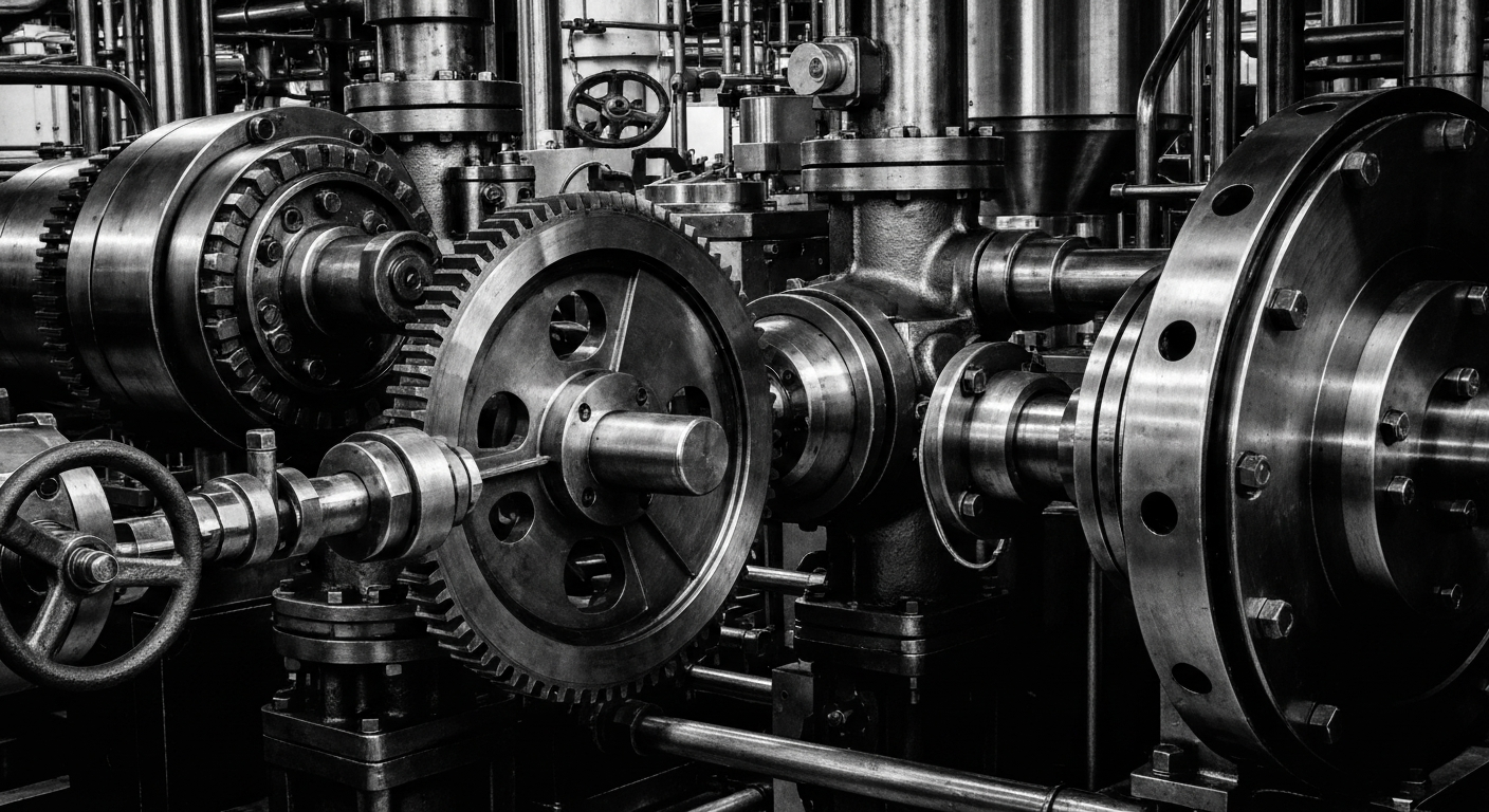 A black and white close-up photograph of the intricate gears, valves, and other industrial machinery that powers a modern pharmaceutical production facility, conveying the scale and precision required to manufacture Johnson & Johnson's diverse range of healthcare products.