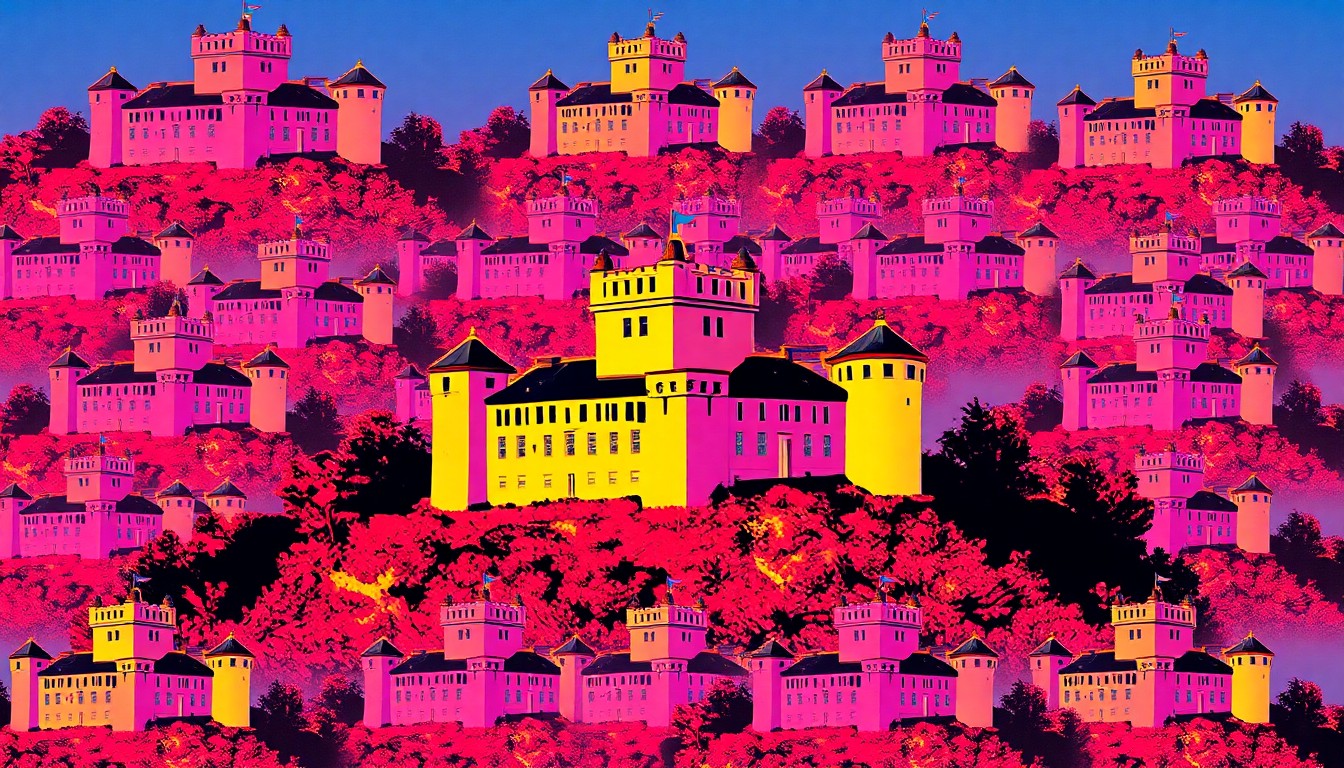 A brightly colored, high-contrast silkscreen print featuring the iconic stone-and-adobe architecture of the Mt. Woodson Castle repeated in a tight grid pattern, capturing the building's distinctive design elements through a bold, abstract, and conceptual visual style.