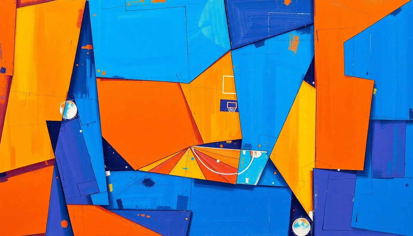 A fragmented, geometric painting depicting the chaotic energy and multiple perspectives of a basketball game, with sharp planes of color and overlapping shapes representing the dynamic movements and competing forces on the court.