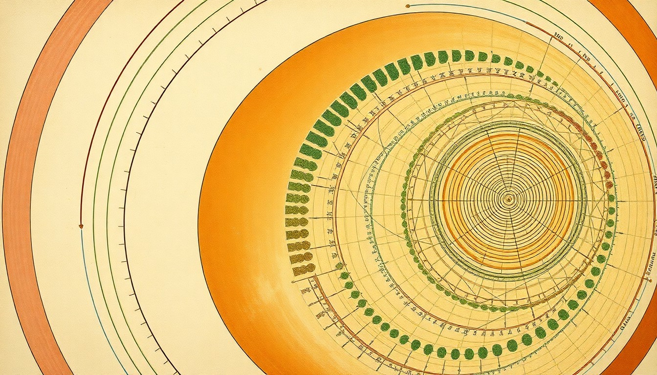 A highly structured abstract painting in soft earth tones, featuring sweeping geometric arcs, concentric circles, and precise botanical spirals, conveying the complex systems and natural cycles of regenerative farming.