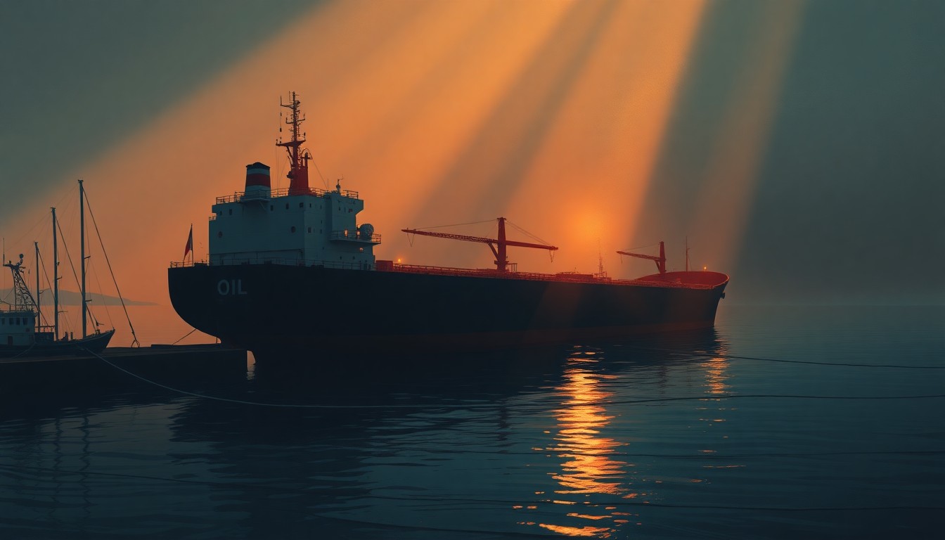 A serene, photorealistic painting of an oil tanker ship docked in a harbor, with warm sunlight casting long shadows across the scene. The image conveys a sense of quiet contemplation and the complex realities facing policymakers navigating the global energy crisis.