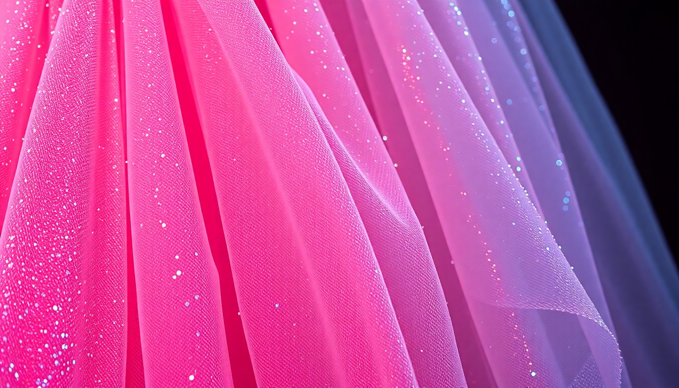 An extreme close-up photograph of shimmering pink tulle fabric, glittering with tiny sequins and reflecting dramatic studio lighting, evoking the luxurious texture and feminine energy of Olivia Rodrigo's custom babydoll dress.