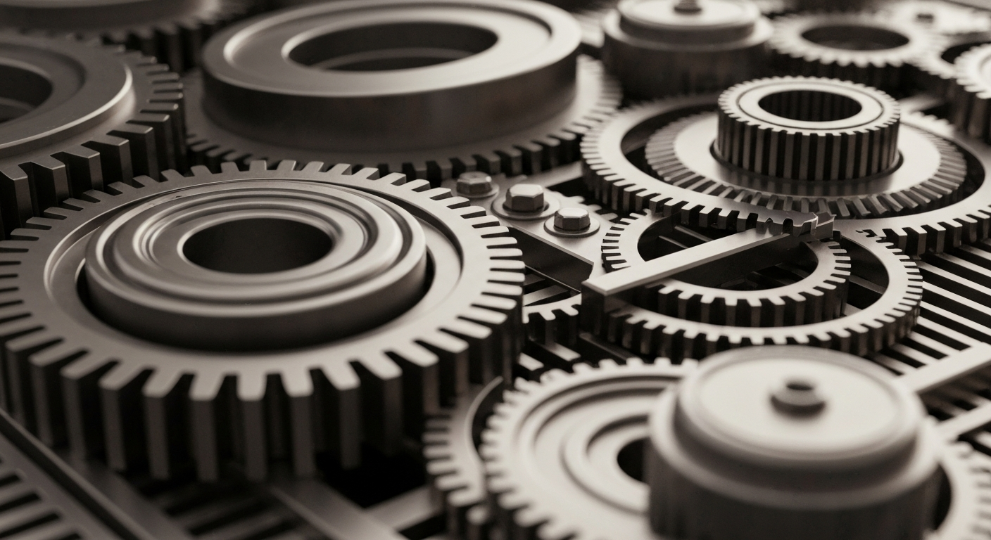 A highly detailed, macro-level view of the complex mechanical components that make up the critical infrastructure of the semiconductor industry, captured in a cinematic, black-and-white photographic style.