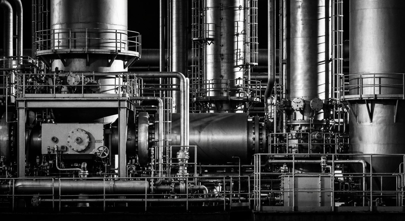 A high-contrast, black-and-white close-up image of heavy industrial machinery and equipment, conveying the scale and technical complexity of LyondellBasell's chemical production facilities.
