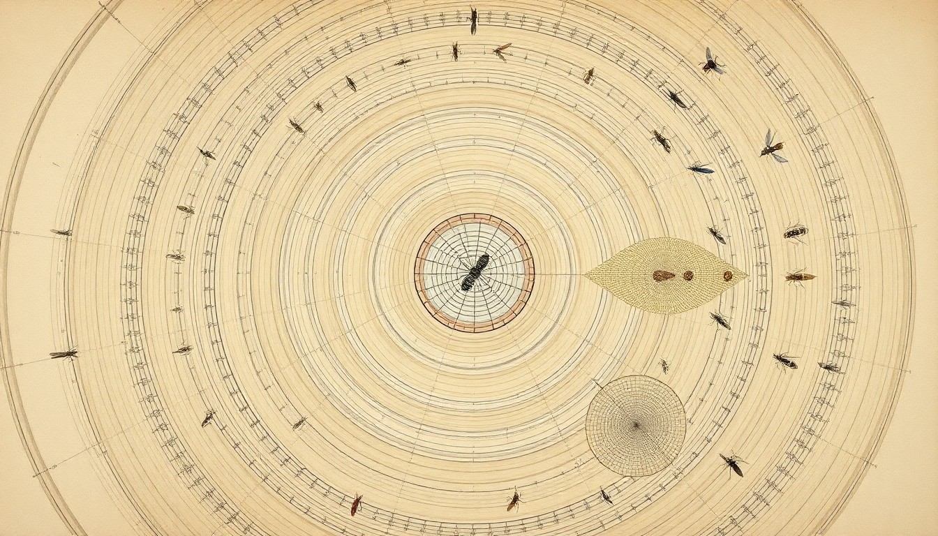 A highly structured abstract painting in muted earth tones, featuring sweeping geometric arcs, concentric circular patterns, and precise botanical spirals, conceptually visualizing the intricate natural systems involved in managing insect pests in no-till agriculture.