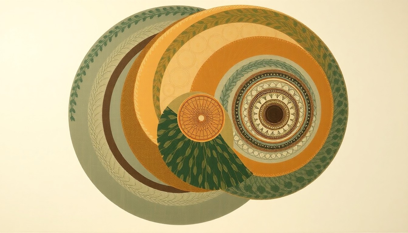 A highly structured abstract painting in earthy tones, featuring sweeping geometric arcs, concentric circles, and precise botanical spirals, conceptually representing the interconnected cycles of a diversified no-till farming system.
