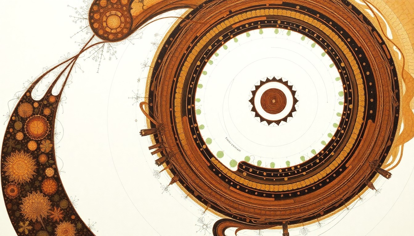 A highly textured abstract painting in earthy tones, featuring sweeping geometric shapes and precise botanical spirals, conceptually representing the complex interplay of nitrogen, water, and soil in agricultural ecosystems.