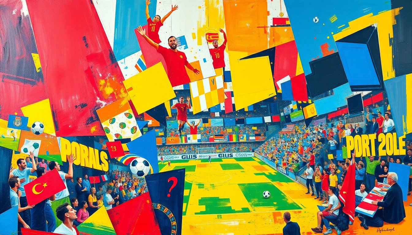 A cubist-style painting featuring overlapping geometric shapes and planes of bright primary colors, capturing the dynamic energy and excitement of a World Cup soccer match.