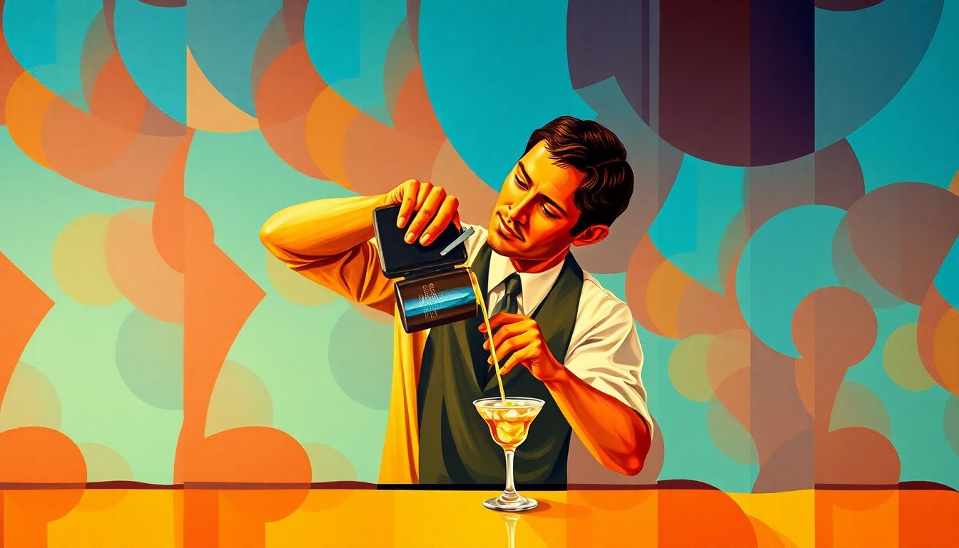 A vibrant, fractured painting depicting the repeated motion of a bartender pouring a drink, conveying the energy and dynamism of the service industry.