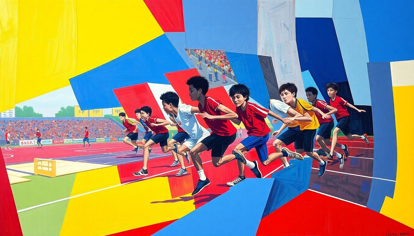 A cubist, geometric painting featuring overlapping planes of red, blue, and yellow, conceptually representing the dynamic movements and competition of a high school track and field event.