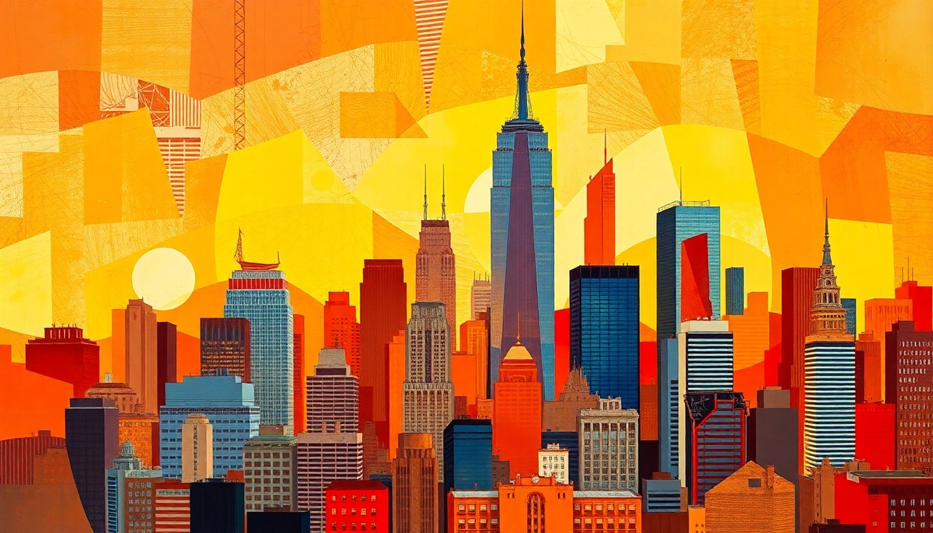 A vibrant, abstract painting of the New York City skyline with skyscrapers and luxury condos rendered in overlapping, fractured geometric shapes and waves of warm colors, conceptually representing the dynamic and fast-paced nature of the city's real estate market.