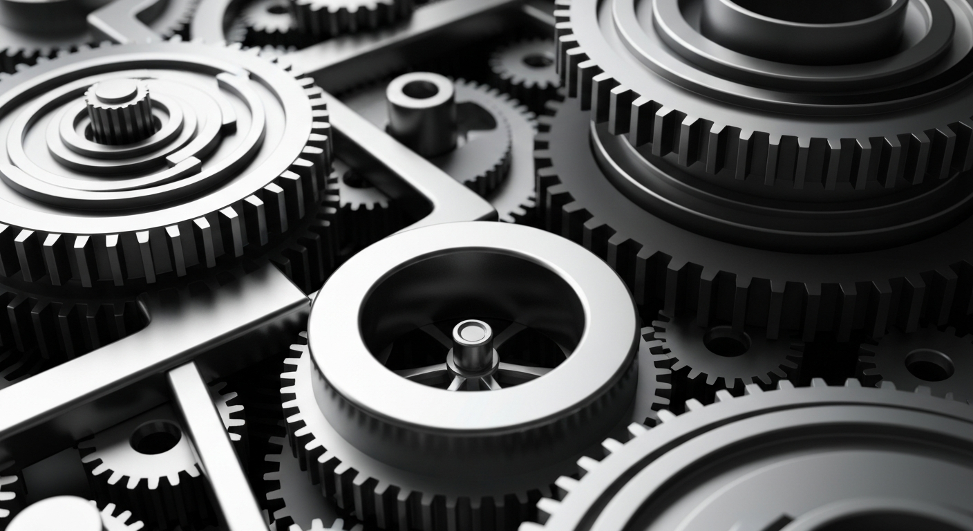 An extreme close-up of complex, interlocking metal gears and machinery in shades of silver, steel, and black, conceptually representing the institutional investment and financial infrastructure behind semiconductor companies.