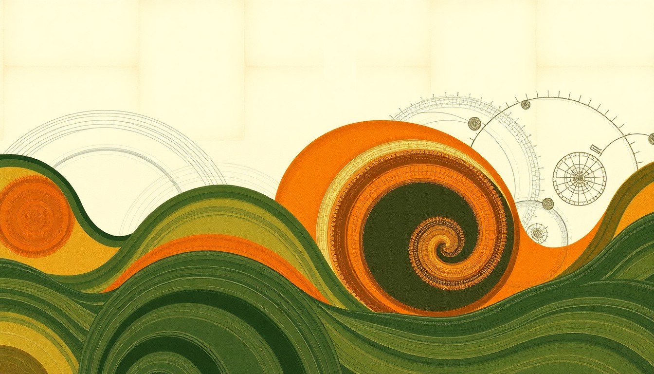 A bold, highly structured abstract painting in warm, earthy tones featuring sweeping geometric arcs, intersecting waveforms, and precise botanical spirals, conceptually representing the complex interplay of natural forces and scientific concepts that enable sustainable no-till agriculture.