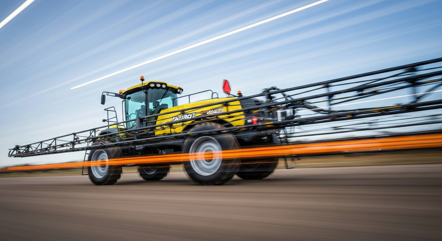 A blurred, abstract image of a farm sprayer in motion, with sweeping streaks of bright colors representing its speed and power.