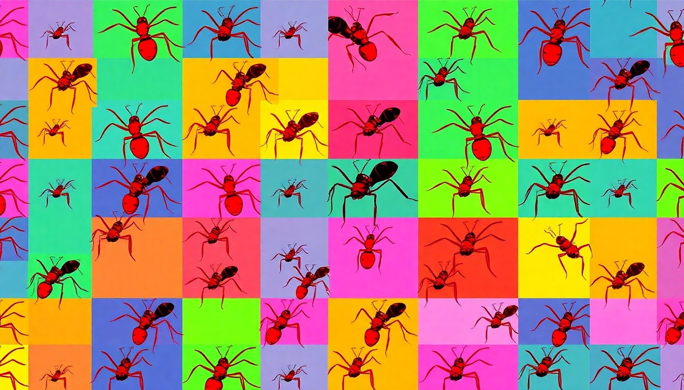 A high-contrast, brightly colored silkscreen print of a single Asian needle ant repeated in a tight grid pattern, rendered in flat, unnatural neon hues with heavy black photographic outlines, conceptually capturing the invasive nature and public health risks of this small but problematic insect.