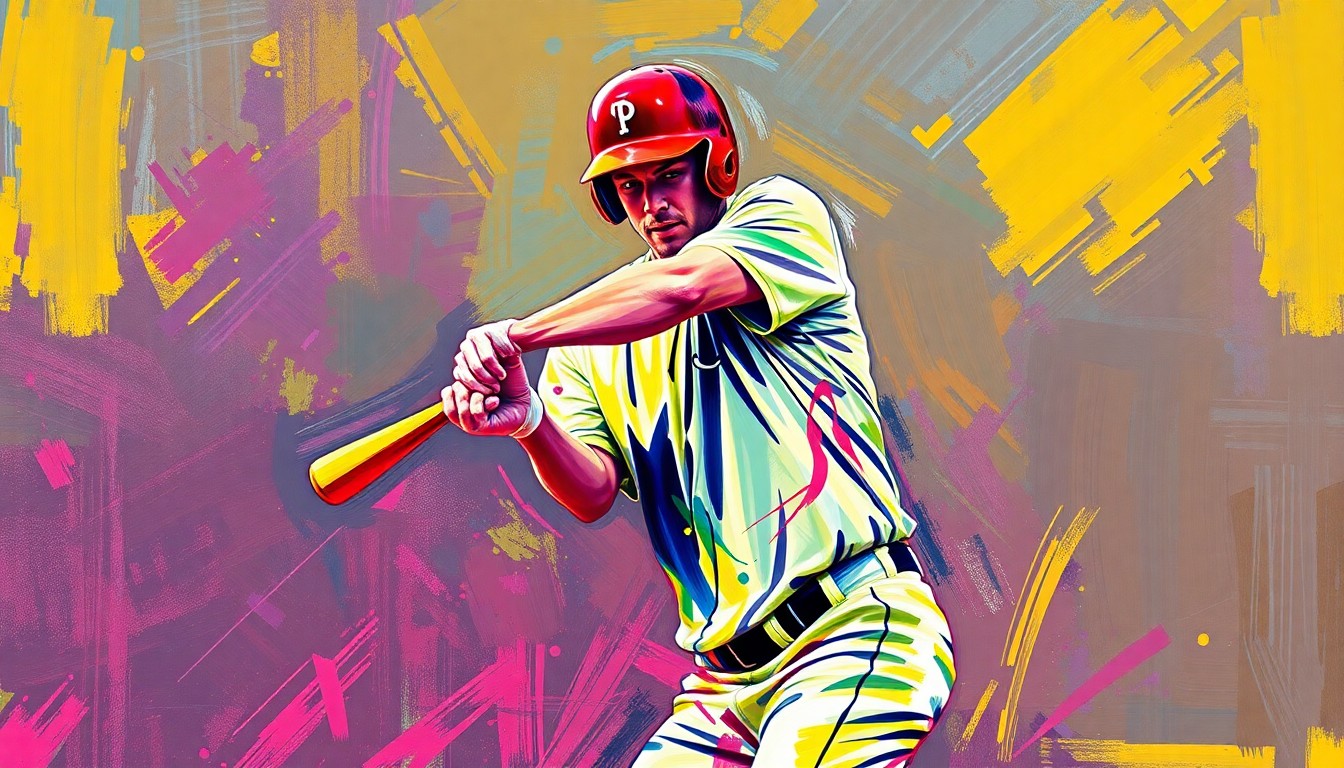 An abstract, neon-colored painting with vibrant brushstrokes depicting a softball player mid-swing, conveying a sense of raw athletic energy and movement.