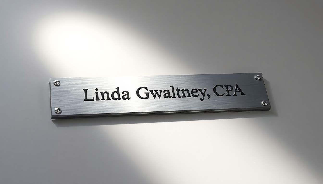 A close-up photograph of a polished metal nameplate with the name 'Linda Gwaltney, CPA' engraved on it, resting on a clean, minimalist background and dramatically lit to symbolize the significance of a long-serving advisor's retirement.