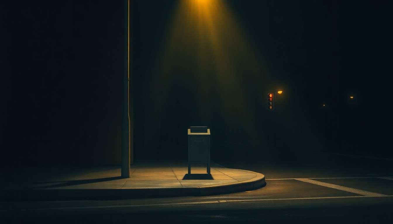 A serene, photorealistic painting of a lone ballot box on a shadowy urban street, with warm light and deep contrasts evoking a sense of civic duty and political process.