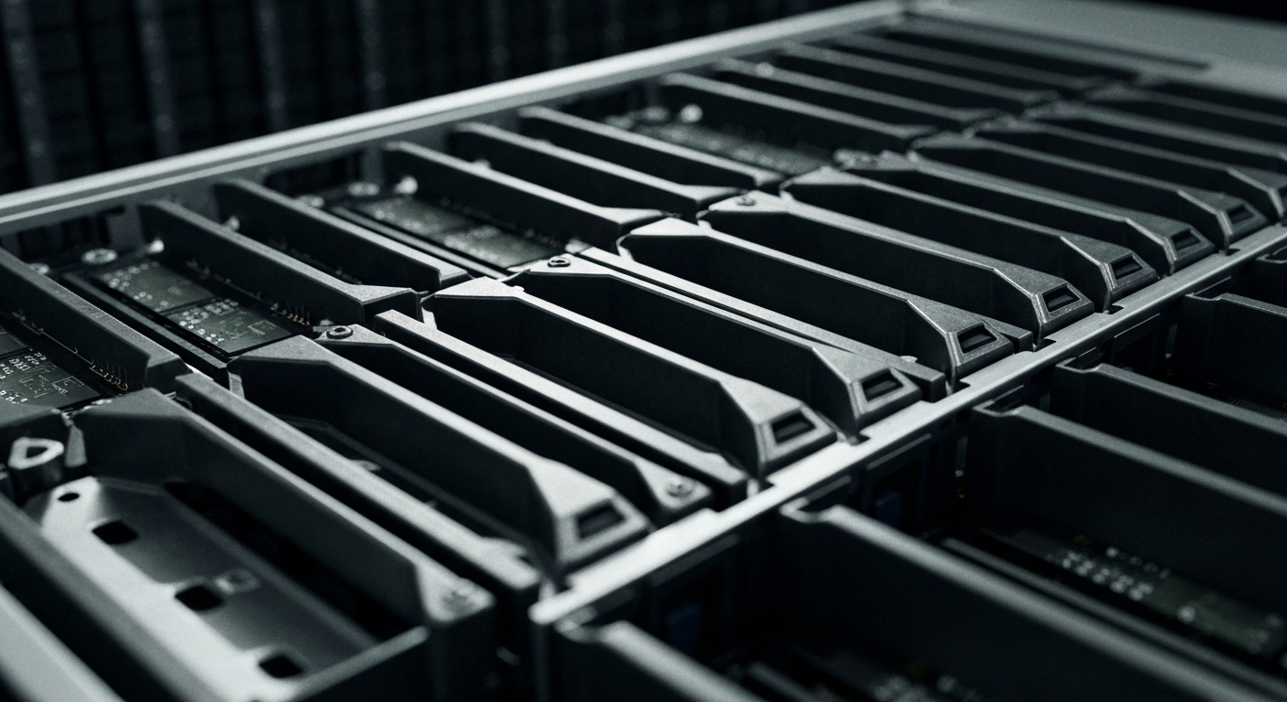 An extreme close-up photograph of the complex internal components and machinery of a high-capacity data storage server, conveying the scale, power and importance of modern digital infrastructure.