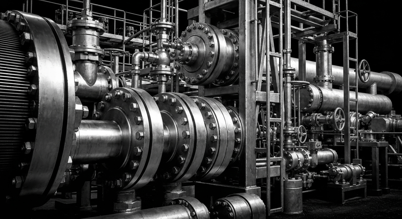 An extreme close-up of heavy, industrial oil and gas production equipment rendered in high-contrast black and white, conveying the tangible, physical nature of the energy industry's financial foundations.