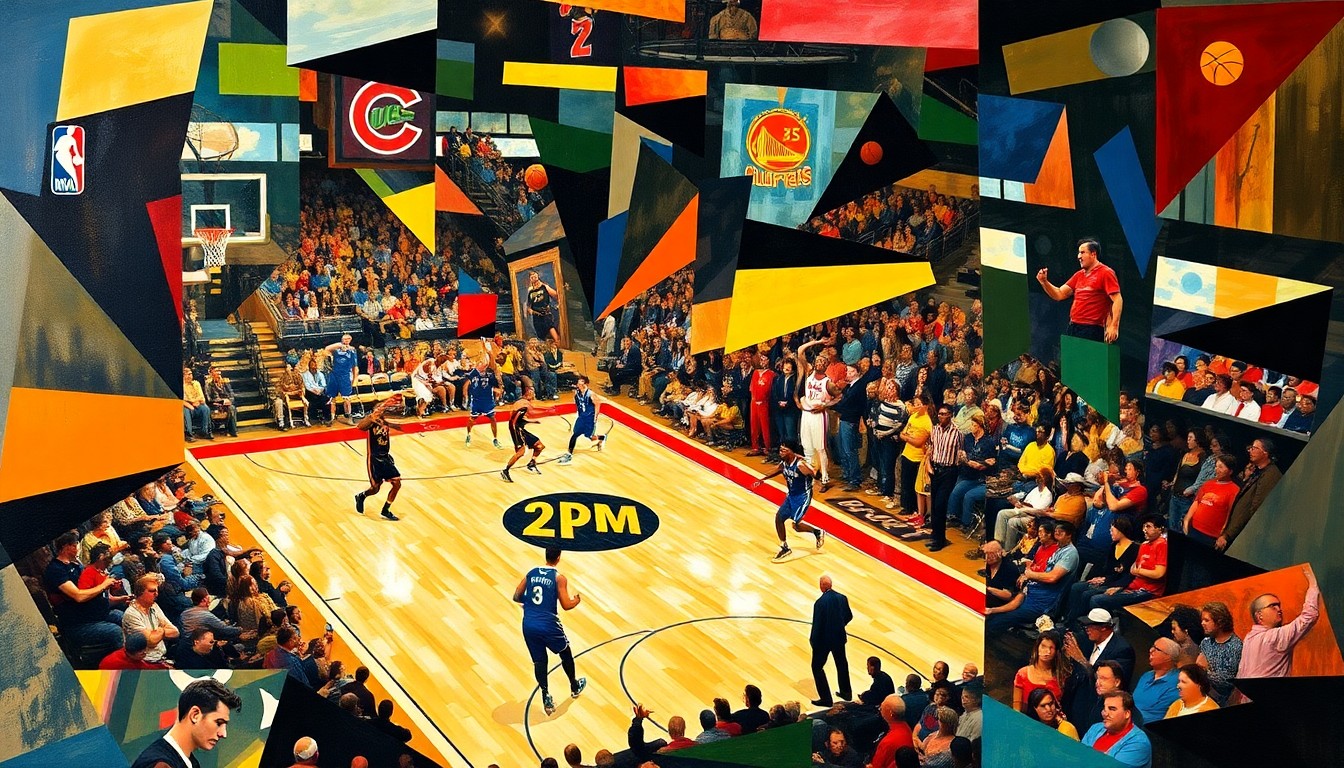 A cubist, geometric painting depicting the intensity and movement of an NBA playoff game, with players' figures and the energy of the crowd broken down into sharp, overlapping planes of color.